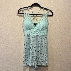 Rue21 Light Green Lace Romper with Blue Floral Design